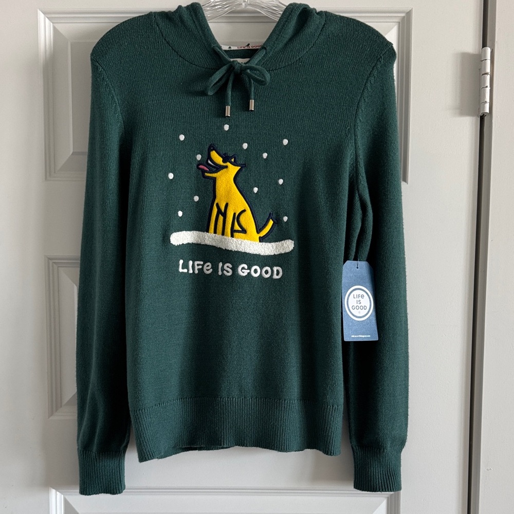 Fun New NWT Small Life Is Good Womens Sweater Dog iSnow Happy ski winter